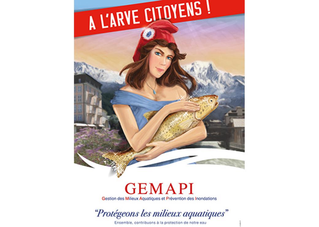 Afdfiche de communication pour la Gemapi : Marianne tient une truite