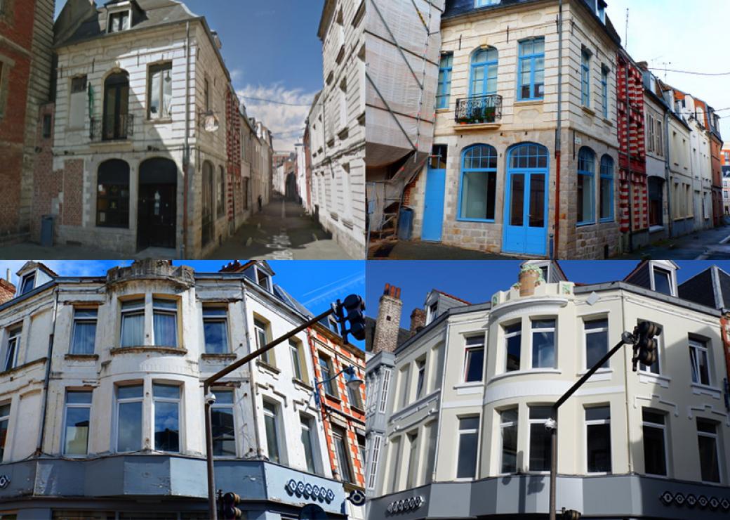 Deux bâtiments de la ville d'Arras, photographiés avant et après réhabilitation