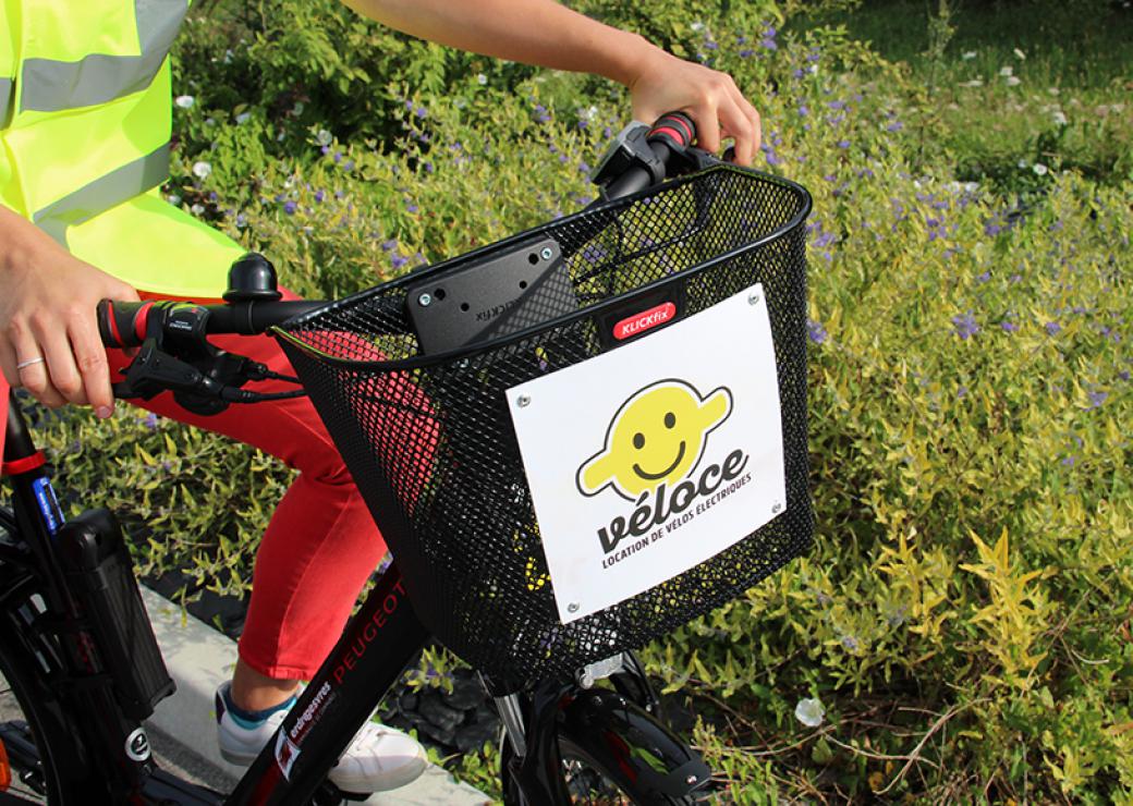 Gros plan sur le panier accroché à un guidon de vélo. Une pancarte dit "véloce, location de vélos électriques"