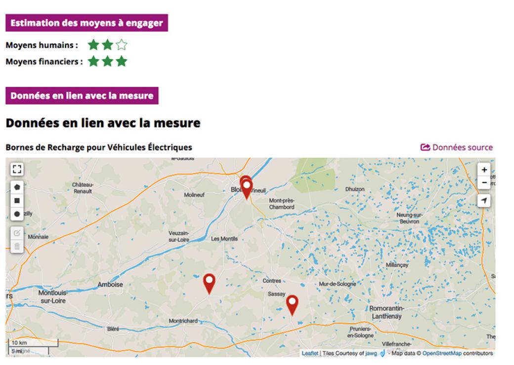 Capture d'écran où l'on peut lire "estimation des moyens à engager", "donner en lien avec la mesure", au dessus d'une carte où sont apposés trois repères rouges