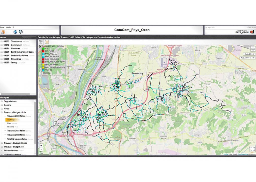 Capture d'écran d'une carte où certaines portions de route figurent en bleu, d'autres en noiret d'autres encore en rouge