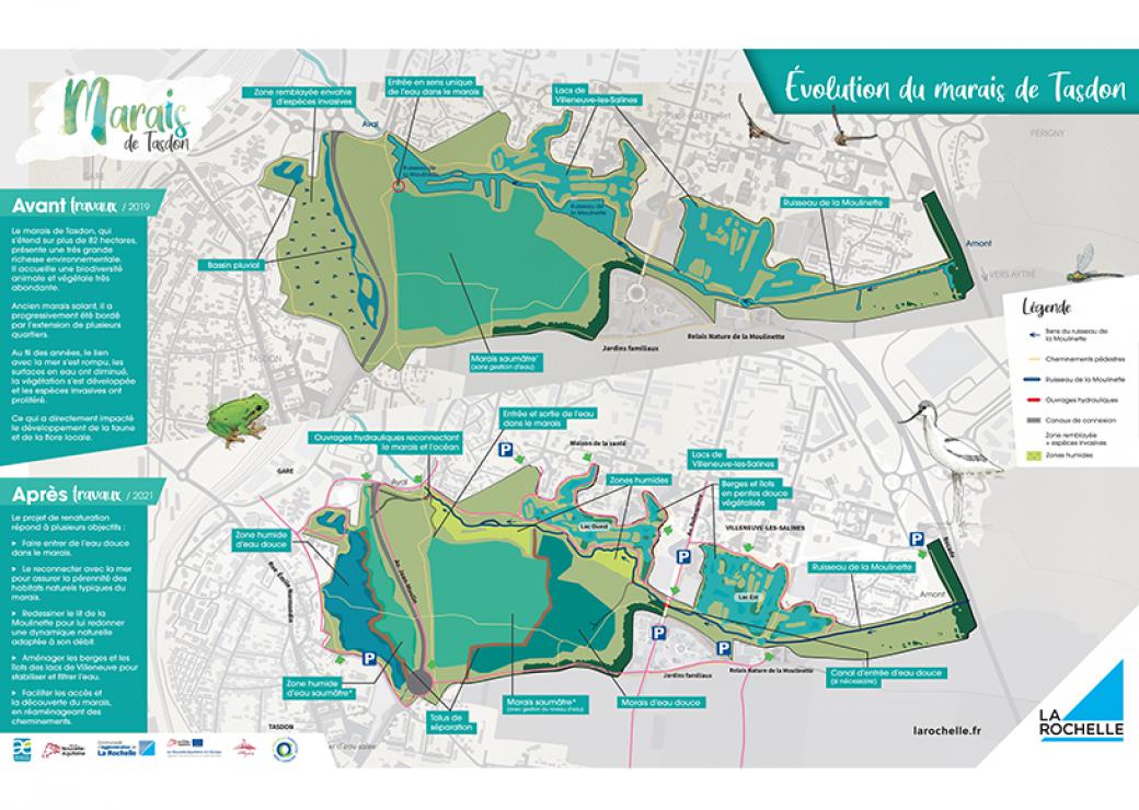 Carte avant / après montrant l'évolution du marais de Tasdon