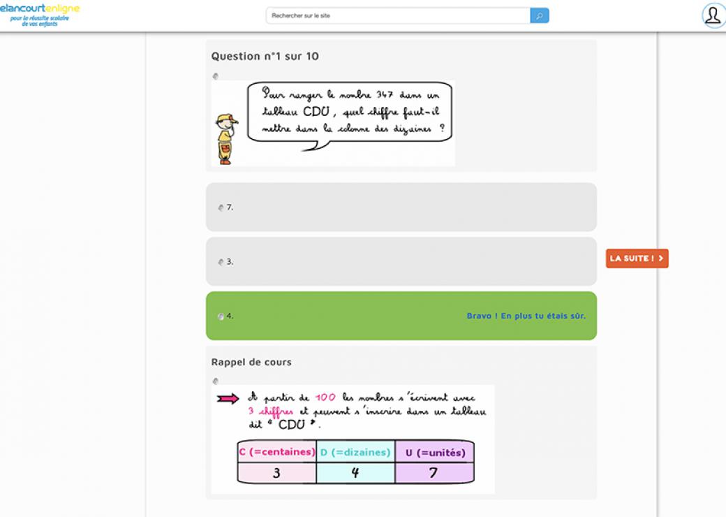 Capture d'écran du site de soutien scolaire. On peut lire une question de mathématique: "Pour ranger le nombre 347 dans un tableau CDU, quel chiffre faut il mettre dans la colonne des dizaines?"