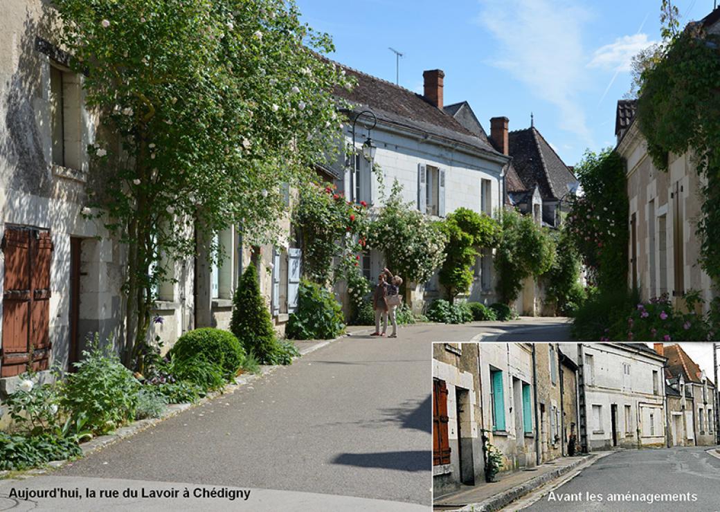 Photo d'une rue de village dont les murs sont couverts de verdure