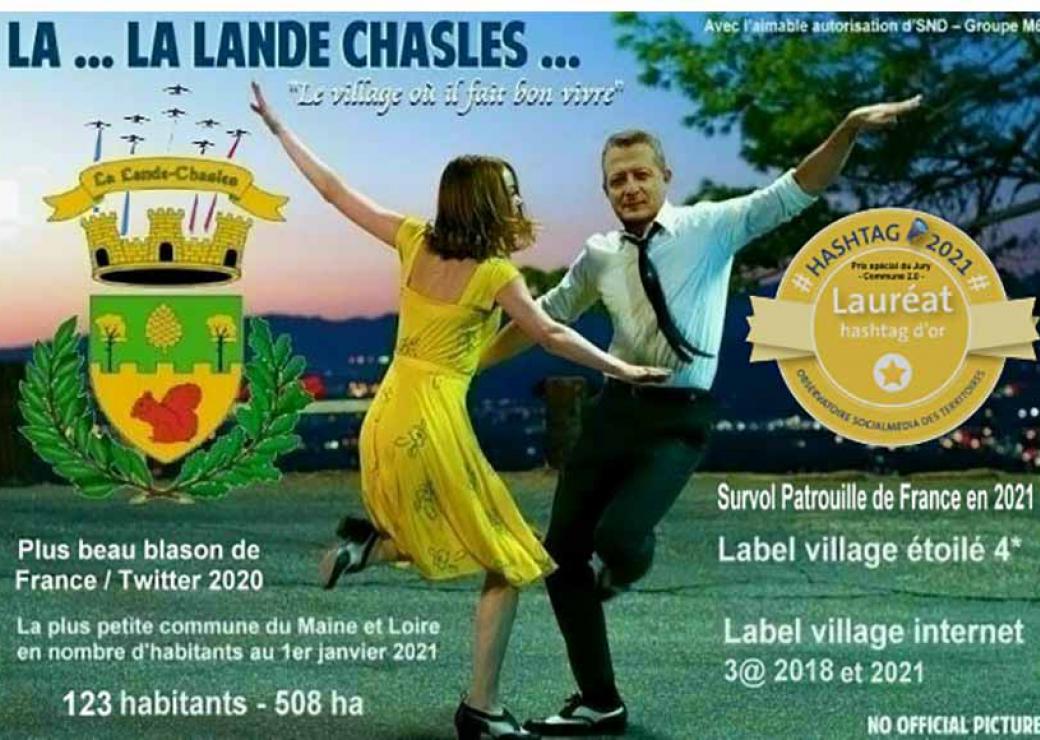 Photomontage où l'on voit deux personnes danser, comme dans le film Lalaland. On peut lire, entre autres,  "La...La Lande Chasles, le village où il fait bon vivre"