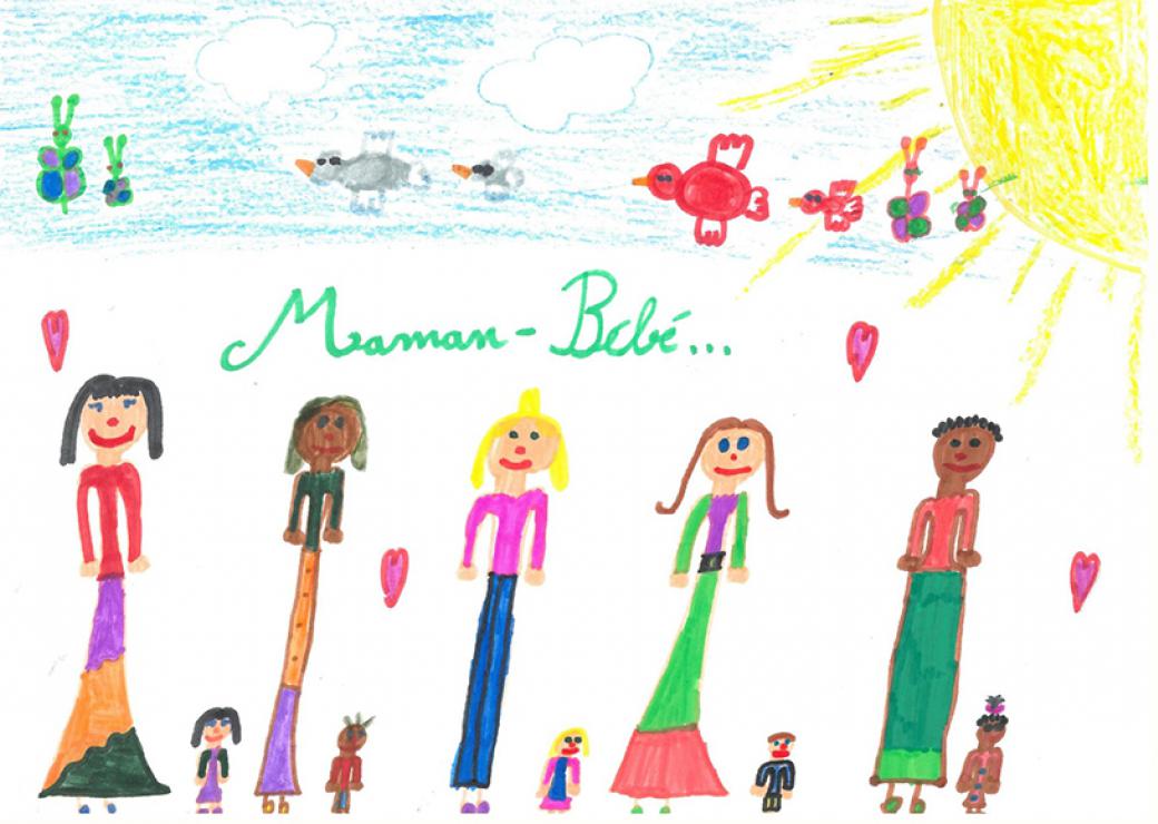 Dessin d'enfant montrant des personnages féminins de grande taille et à leur côté des personnages de petite taille. On peut lire "maman - bébé"