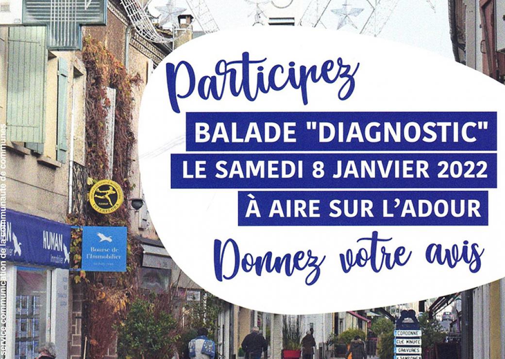 Vue d'une rue de centre-ville, avec un aplat blanc sur lequel on peut lire: participez balade diagnostic à Aire sur l'Adour