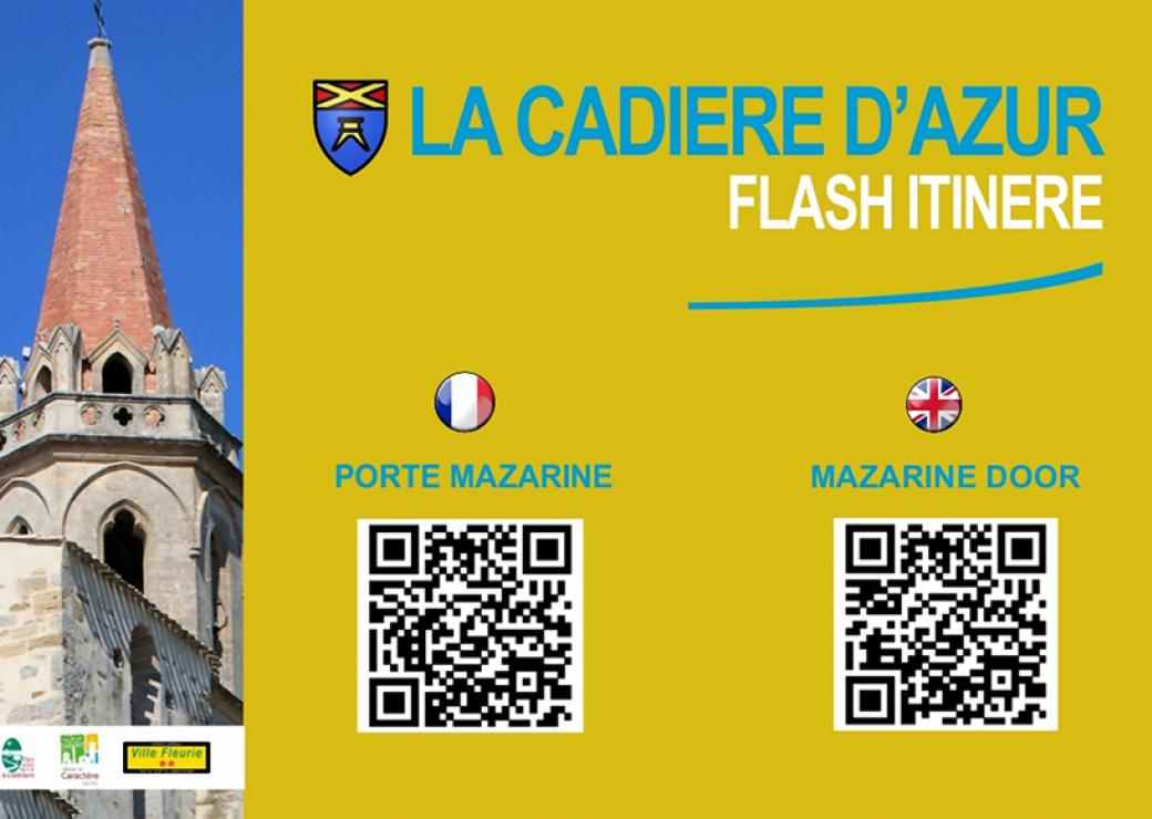 Reproduction d'une affiche sur fond jaune sur laquelle on peut lire : la cadière d'azur flash itinere porte mazarine. Sur le bord gauche de l'image, la photo d'un clocher