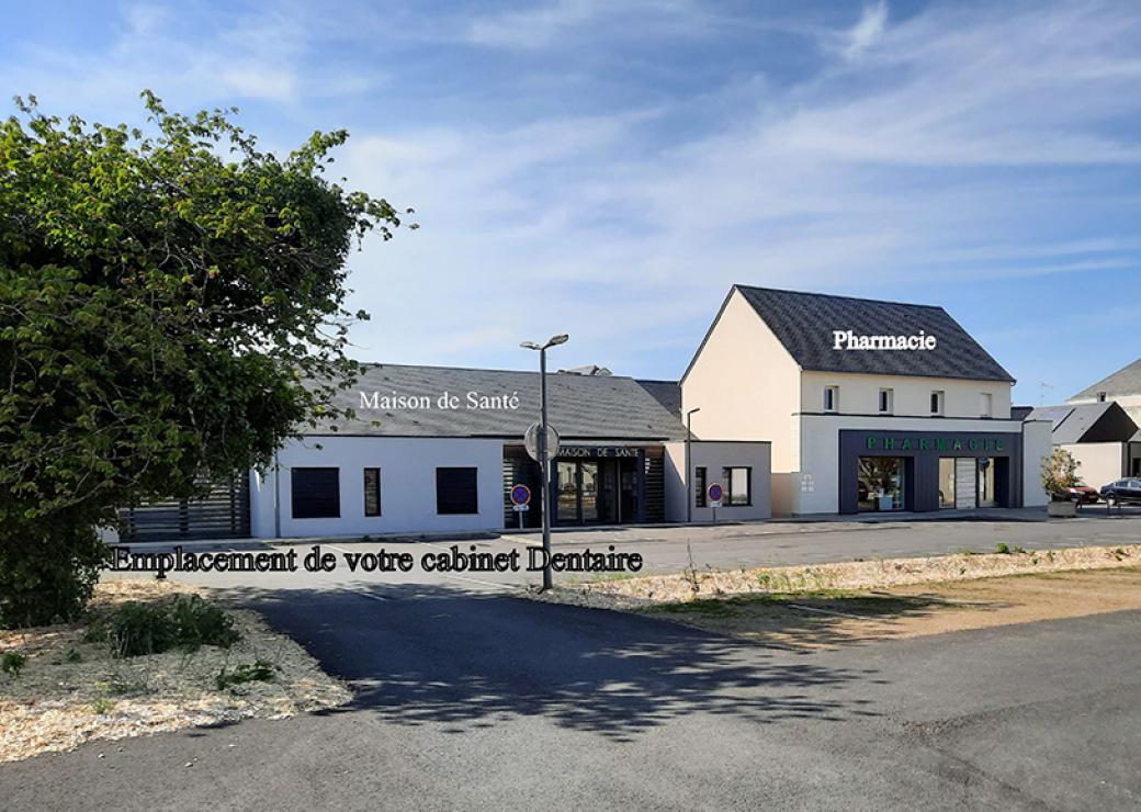 Photo de deux bâtiments neufs, avec sur l'image, les inscriptions maison de santé, pharmacie, emplacement de votre cabinet dentaire