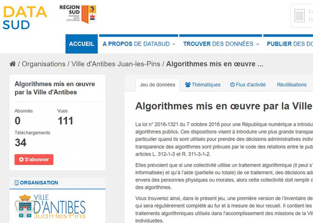 Capture d'un écran d'ordinateur sur lequel on peut lire notamment datasud, algorithmes mis en œuvre par la ville d'Antibes