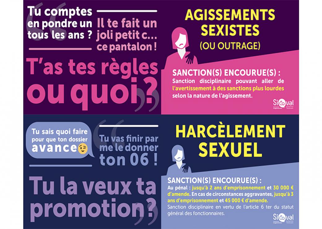 affiches sur lesquelles on peut lire des propos sexistes à droite, comme "il te fait un joli petit c... ce pantalon!" et à gauche on peut lire "agissements sexistes sanctions encourues", avec le détail des sanctions