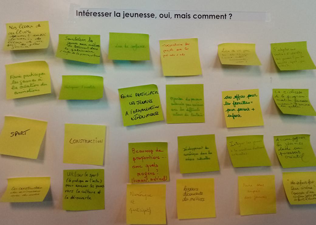 Sur un tableau blanc, on peut lire "intéresser la jeunesse, oui, mais comment?" au dessus d'une vingtaines de post-it manuscrits