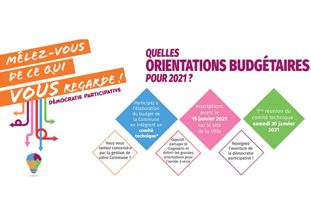 Affiche sur laquelle on peut lire: "mêlez-vous de ce qui vous regarde!""Quelles orientations budgétaires pour 2021?"