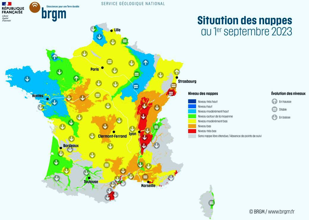 Carte des nappes phréatiques en septembre 2023