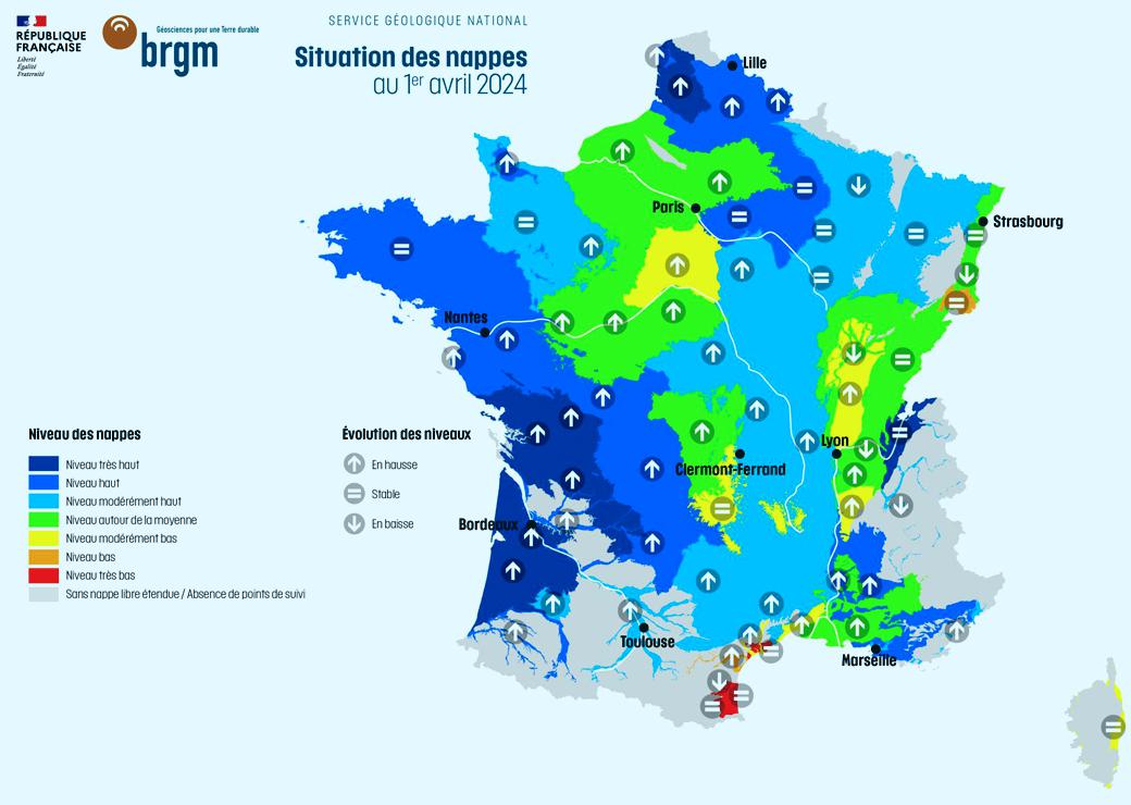 carte de situation des nappes au 1er avril 2024 