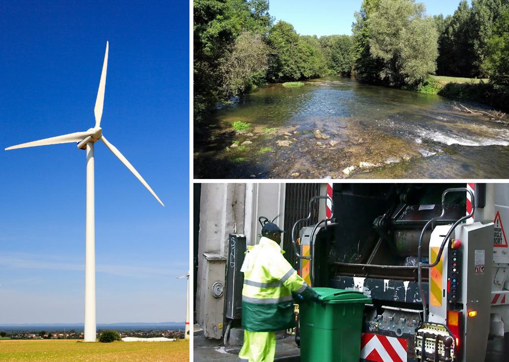 eolienne , rivière et camion poubelle