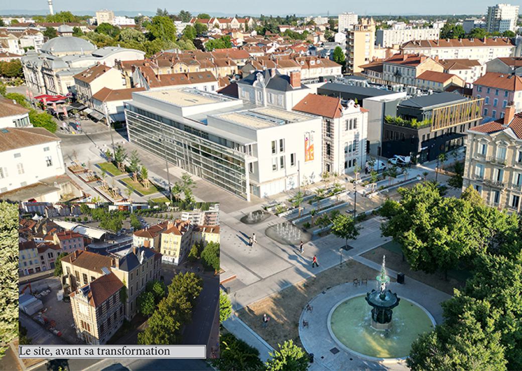 Vue du ciel, un bâtiment neuf ajouté sur un batiment du 19eme siècle. En incrustation, une vue du bâtiment avant la nouvelle extension