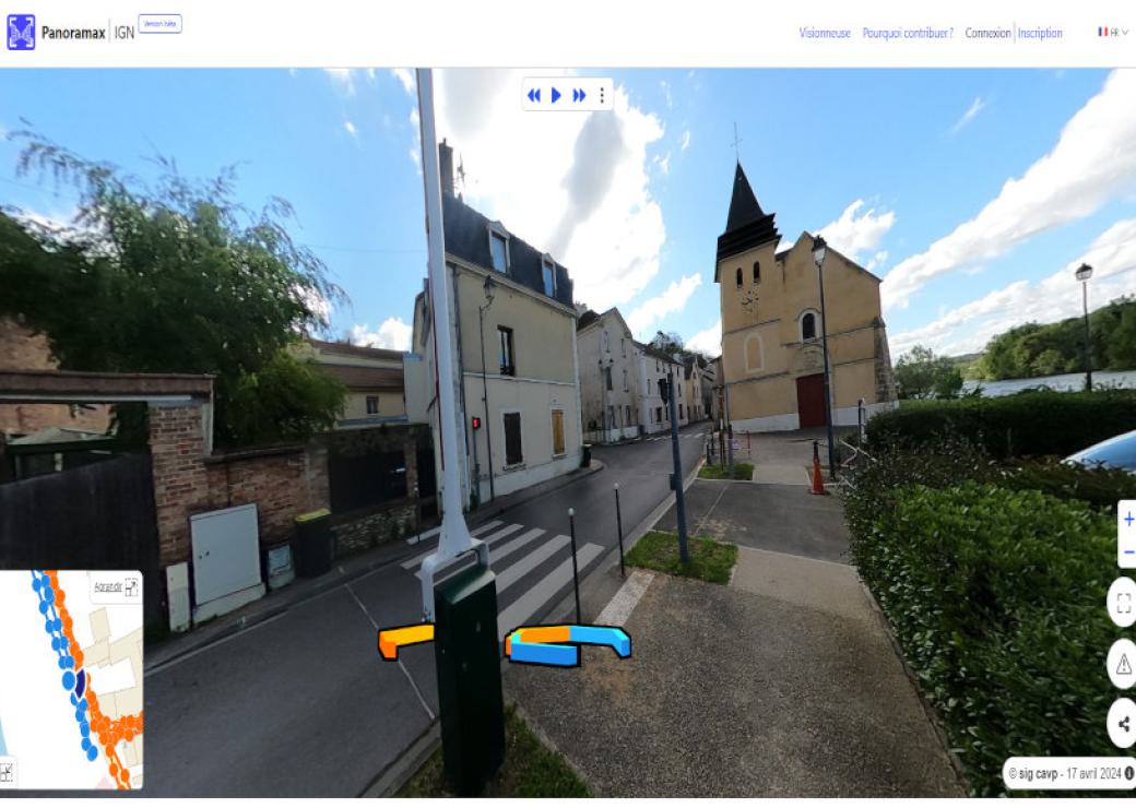 Capture d'écran d'un logiciel de cartographie, avec photo et carte et éléments graphiques sur la photo