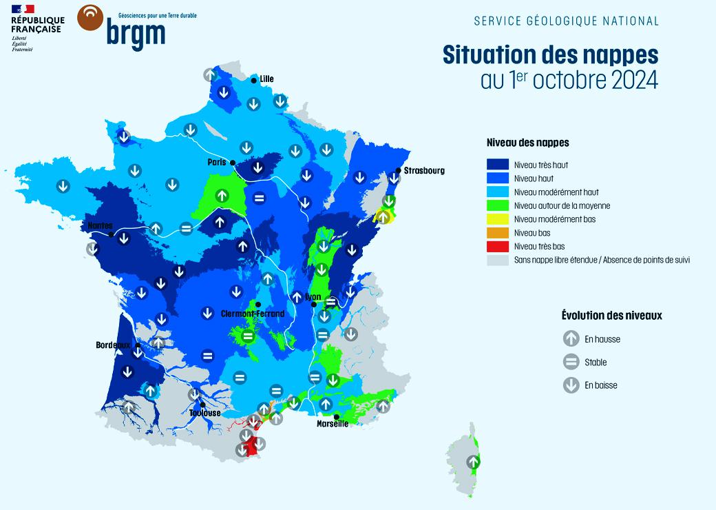 Carte de sitution des nappes au 1er octobre