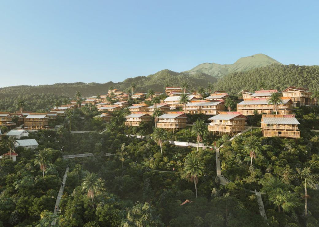 Vue d'architecte d'un village perché sur une colline verdoyante