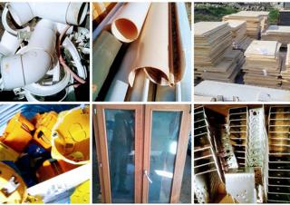 6 photos organisées en rectangle montrant des matériaux de constructions: tuyaux PVC, carrelage, vitres...